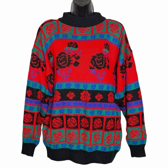 VINTAGE 80s 90s SWEATER XMAS ROSE STRIPE RETRO COTTAGE BY JOAN HARPER SIZE L - Picture 1 of 5